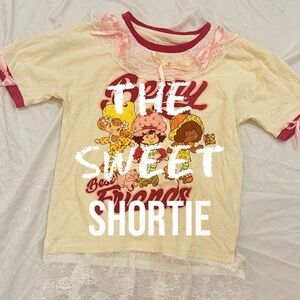 Hand-Adorned Strawberry Shortcake Lace Trim Graphic Tee Y2K